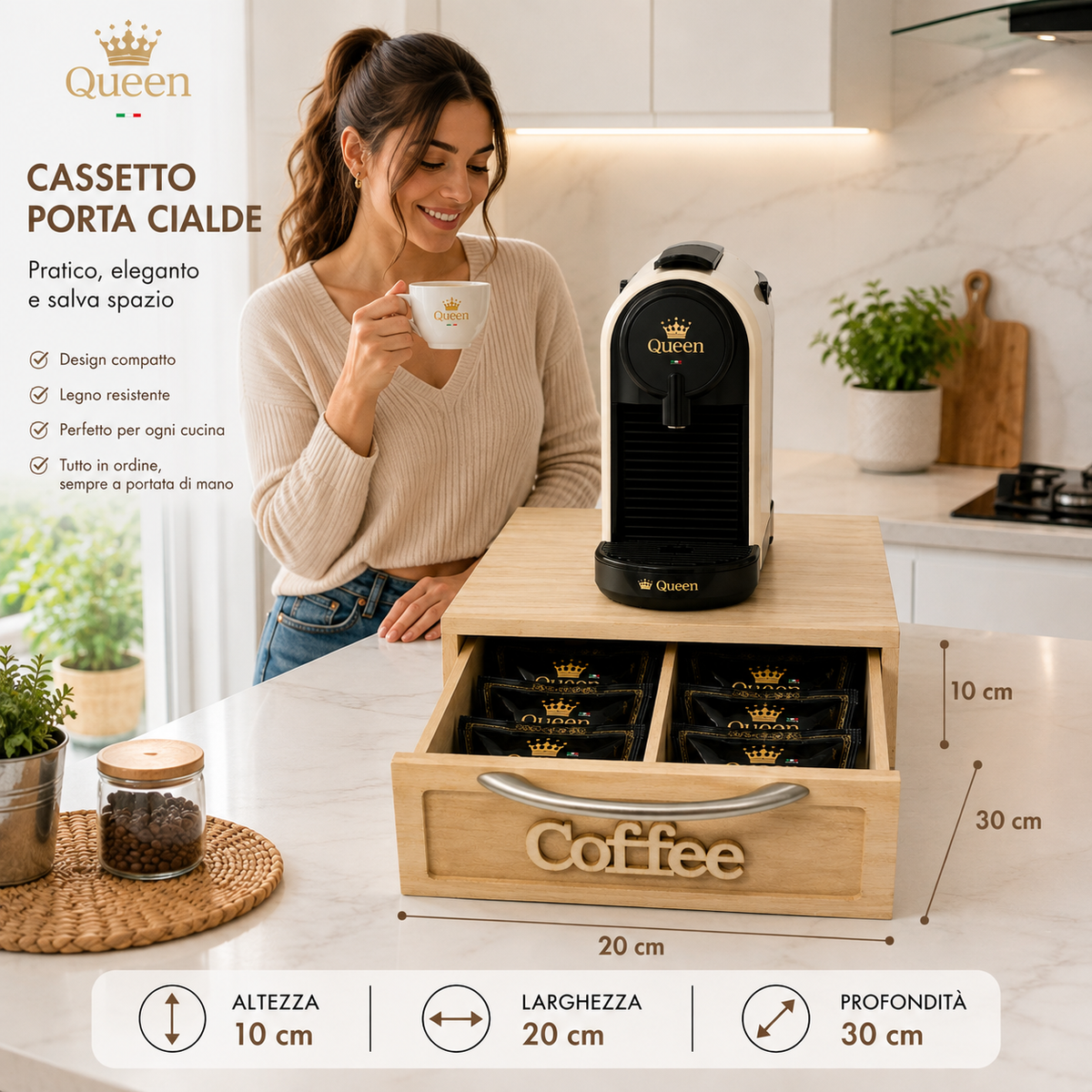 CASSETTO PORTA CIALDE IN LEGNO AVORIO 30X20X10