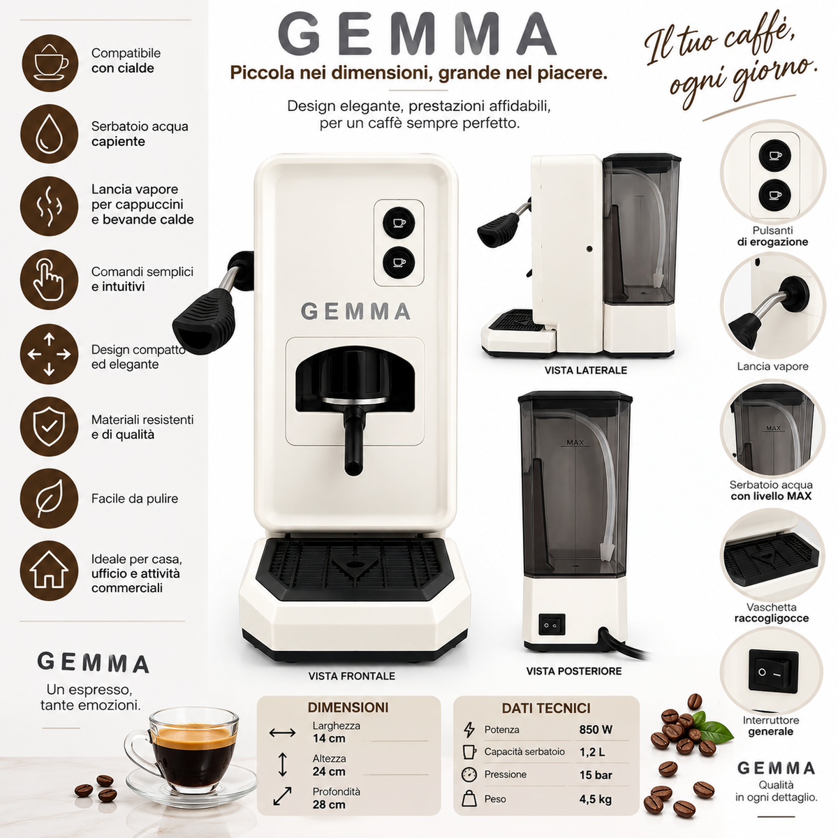 Macchina da Caffè a Cialde GEMMA AVORIO – Elegante, Compatta e Professionale