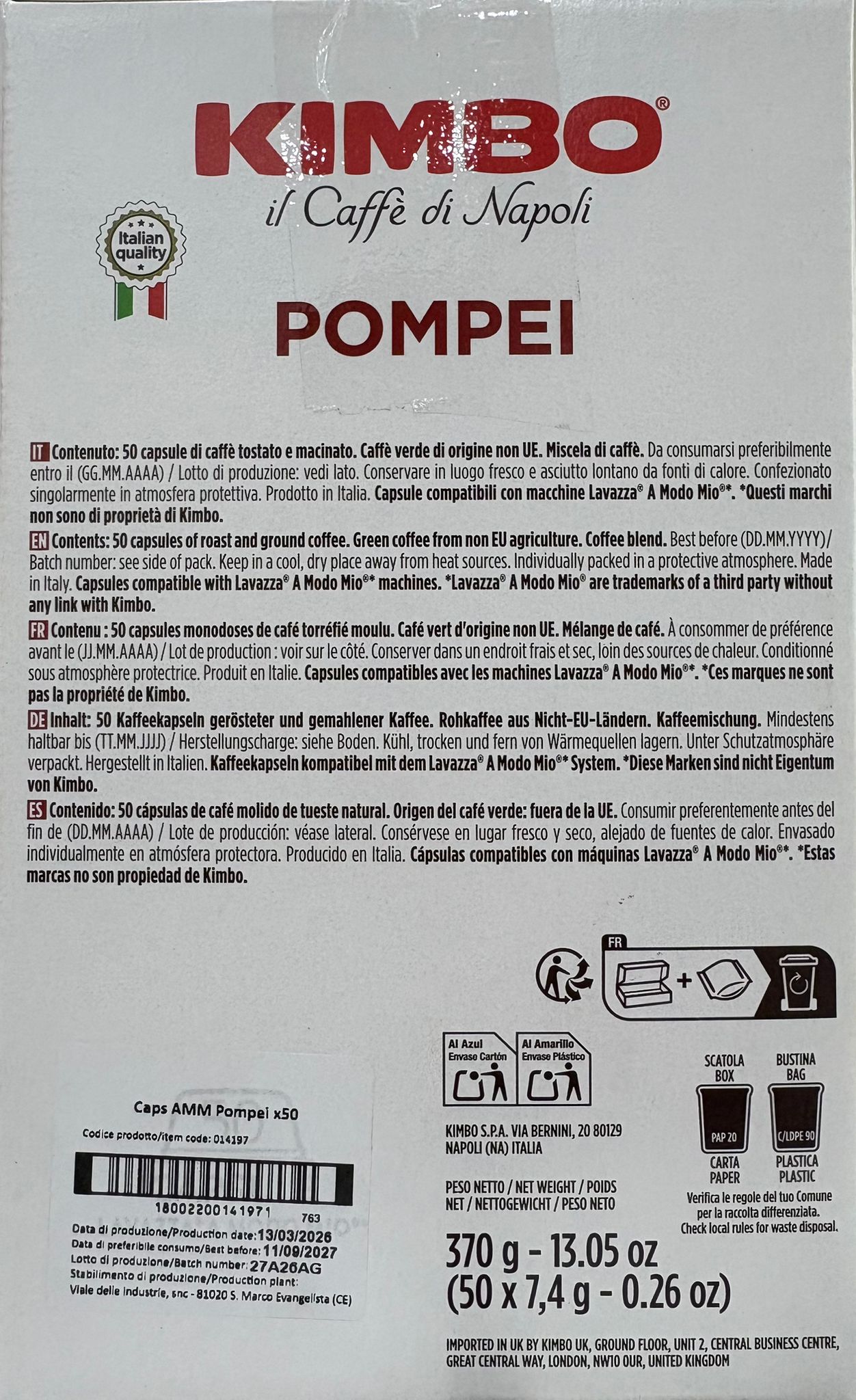 50 capsule KIMBO lavazza a modo mio POMPEI