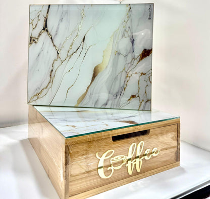 Cassetto Porta Cialde e Capsule in Legno Organizer Cucina 30x30x10 cm 3 Scomparti Piano in Vetro