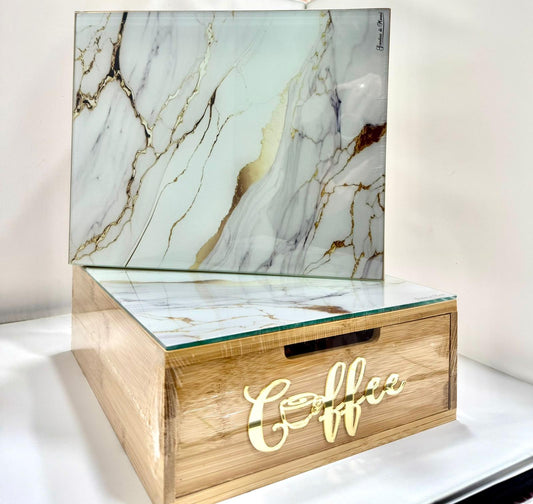 Cassetto Porta Cialde e Capsule in Legno Organizer Cucina 30x30x10 cm 3 Scomparti Piano in Vetro