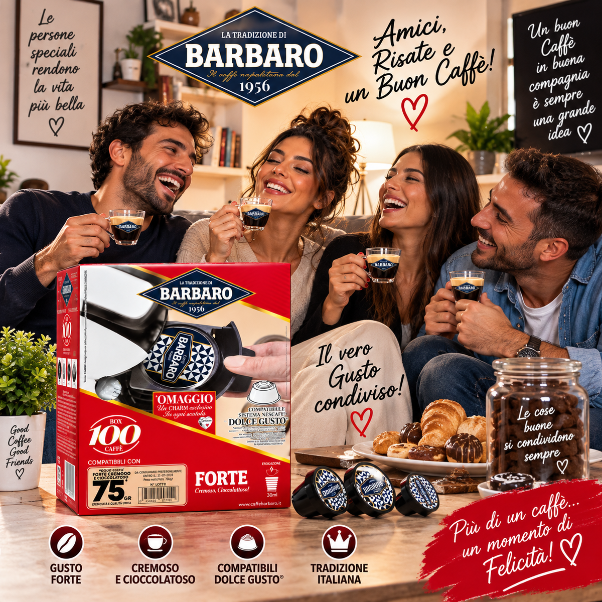 Caffè Barbaro Forte – 100 Capsule Compatibili Dolce Gusto® – Cremoso e Cioccolatoso – 750 g