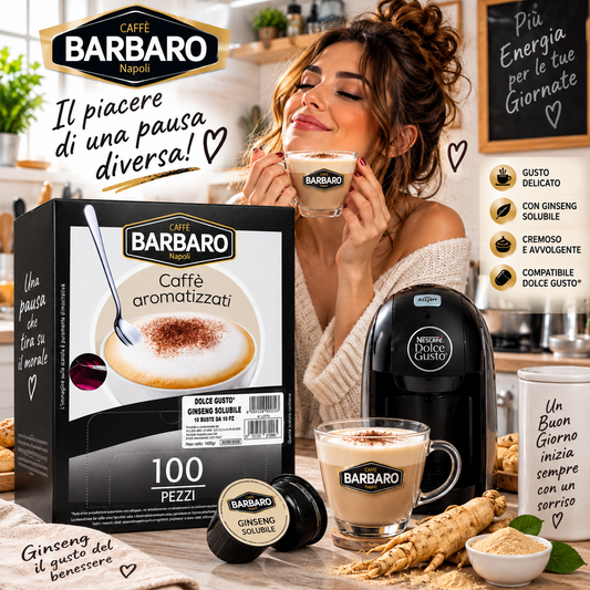 Caffè Barbaro Ginseng Solubile – 100 Pezzi Compatibili Dolce Gusto® – Caffè Aromatizzato