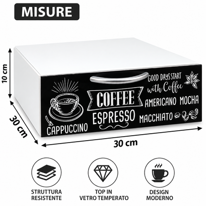 Cassetto Porta Cialde e Capsule Caffè Organizer da Tavolo Bianco con Design Moderno 30×30×10 cm
