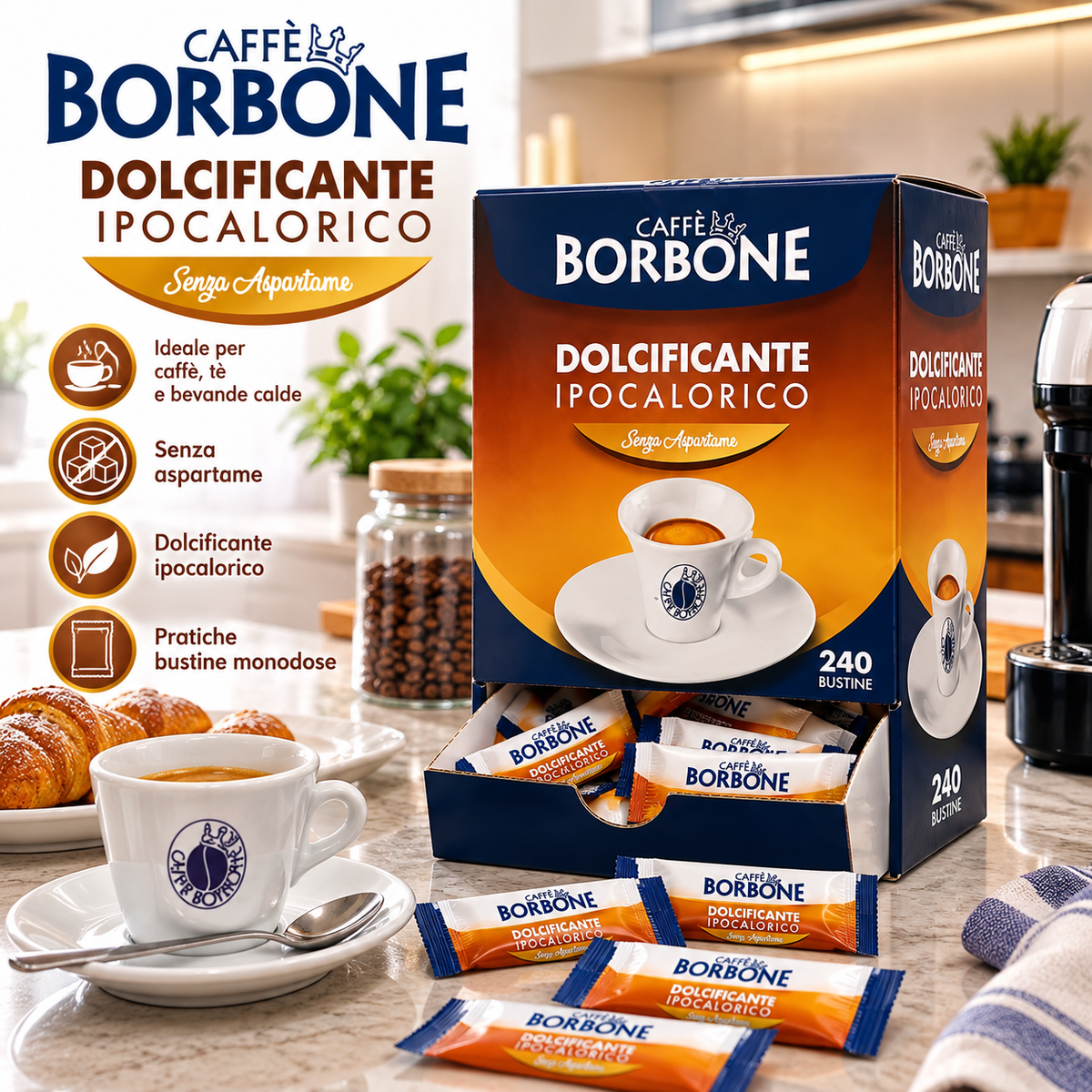 Caffè Borbone Dolcificante Ipocalorico – 240 Bustine Senza Aspartame