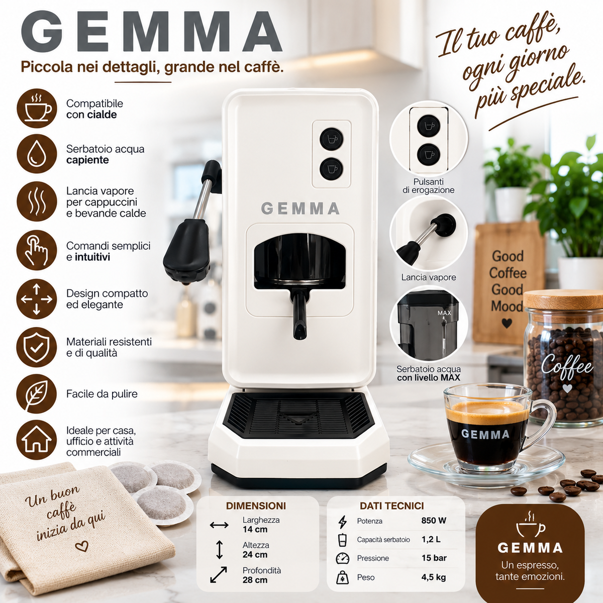 Macchina da Caffè a Cialde GEMMA BIANCA – Elegante, Compatta e Professionale