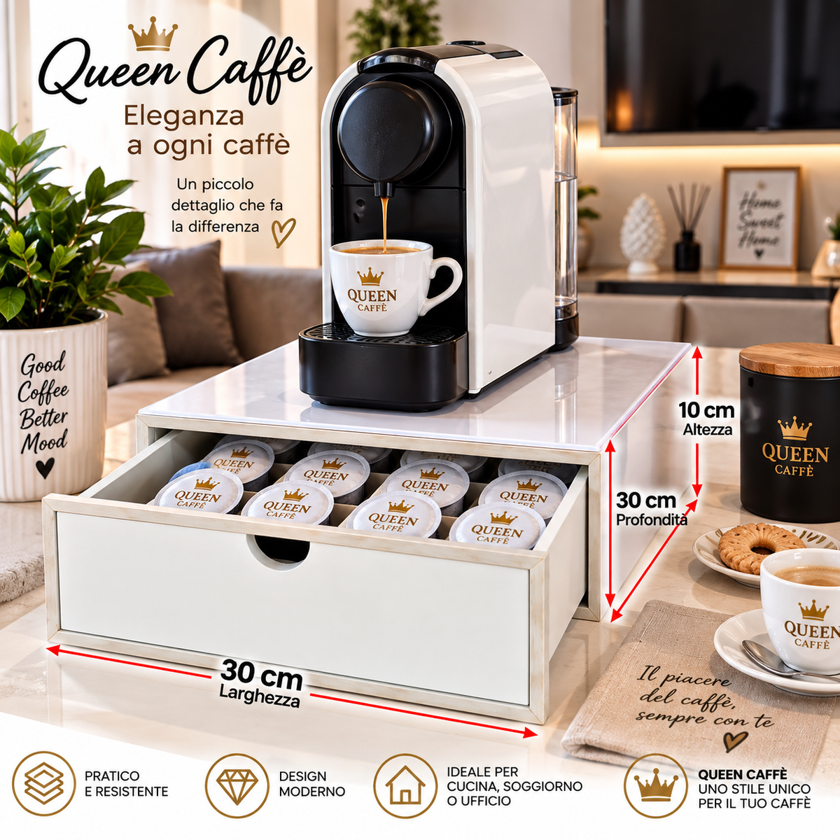 Cassetto Porta Cialde Queen Caffè Bianco con Vetro Temperato – Elegante e Pratico