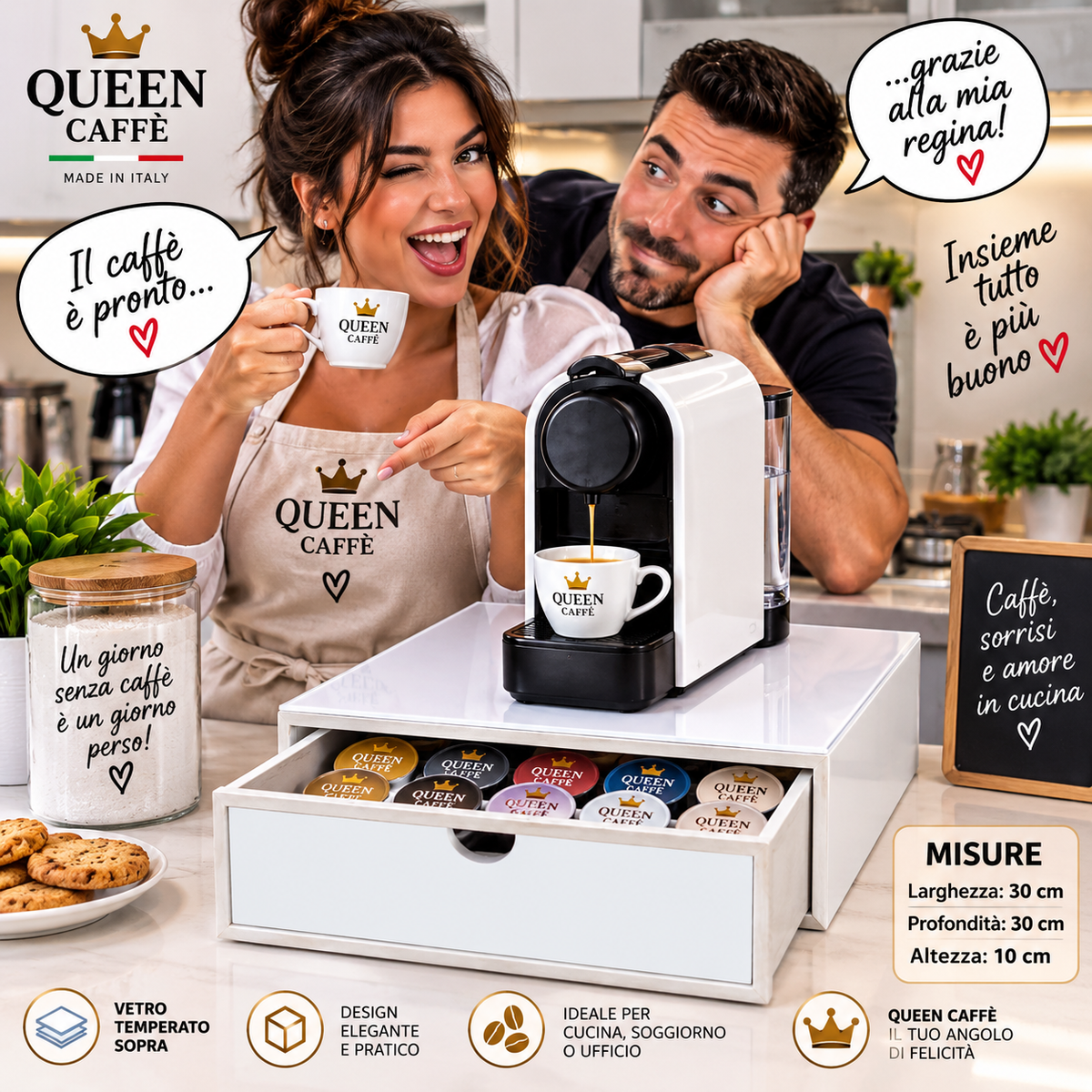 Cassetto Porta Cialde Queen Caffè Bianco con Vetro Temperato – Elegante e Pratico