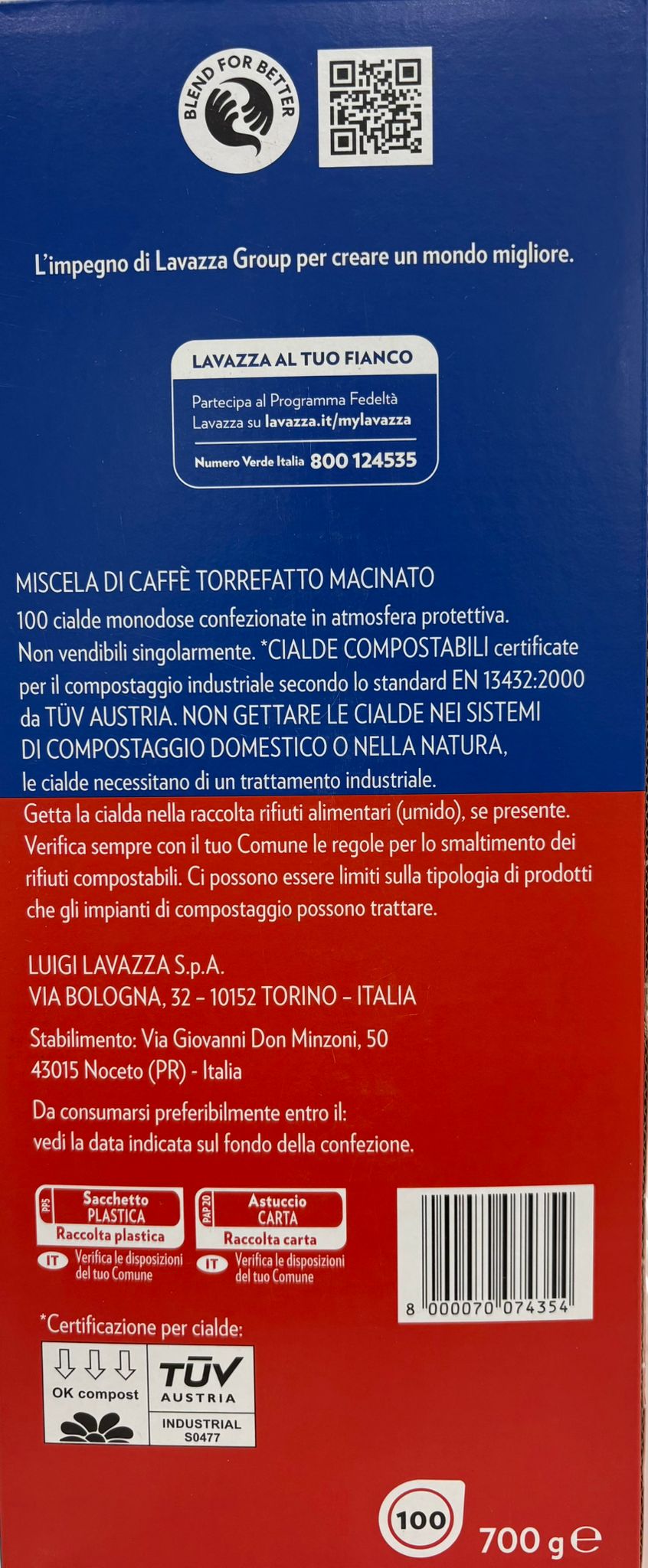 100 Lavazza, Crema e Gusto Classico, Caffè per Macchine Espresso, Arabica e Robusta con Note di Legno e Tabacco, Intensità 8/10, Tostatura Scura