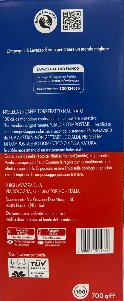 100 Lavazza, Crema e Gusto Classico, Caffè per Macchine Espresso, Arabica e Robusta con Note di Legno e Tabacco, Intensità 8/10, Tostatura Scura