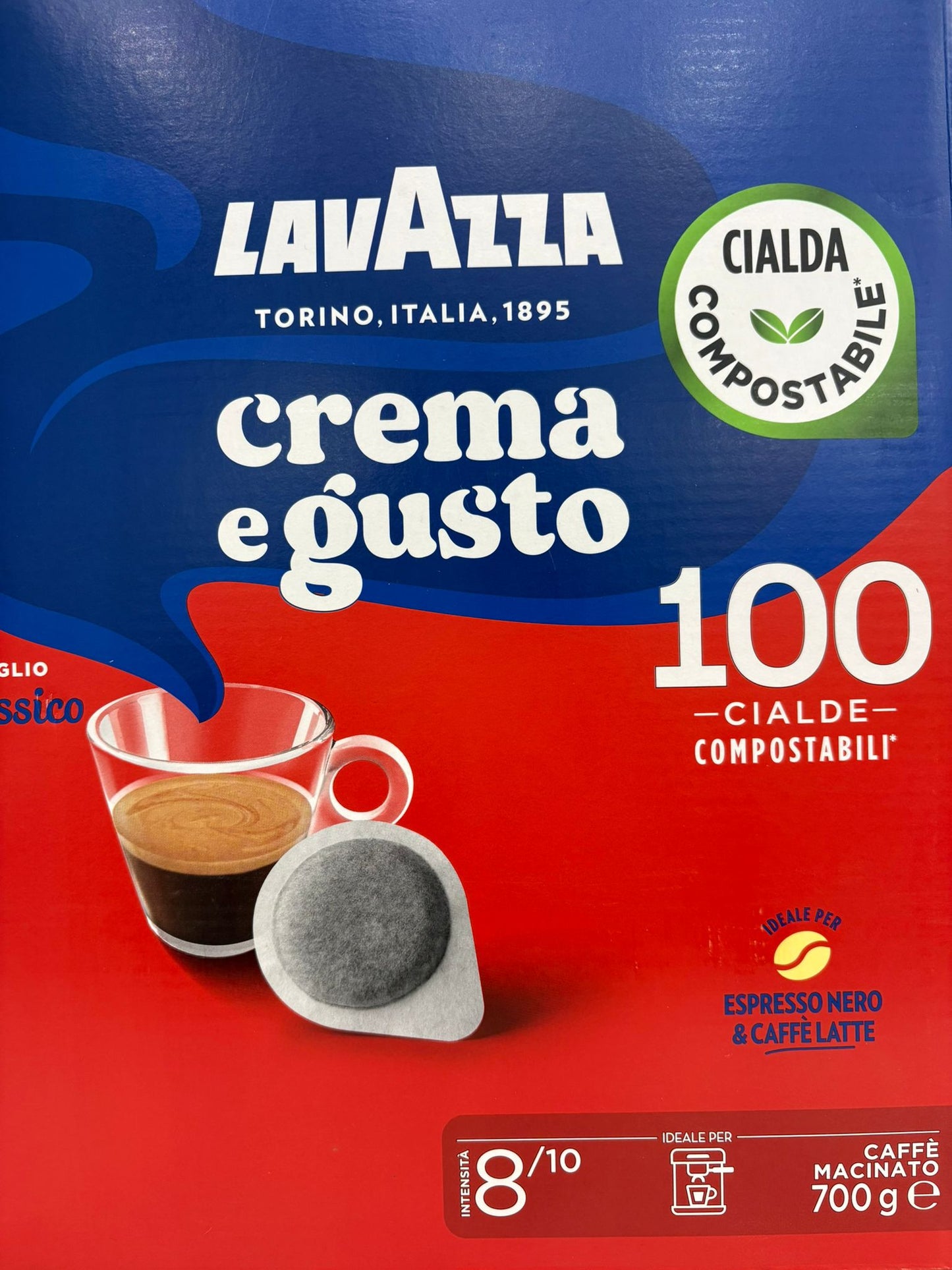 100 Lavazza, Crema e Gusto Classico, Caffè per Macchine Espresso, Arabica e Robusta con Note di Legno e Tabacco, Intensità 8/10, Tostatura Scura
