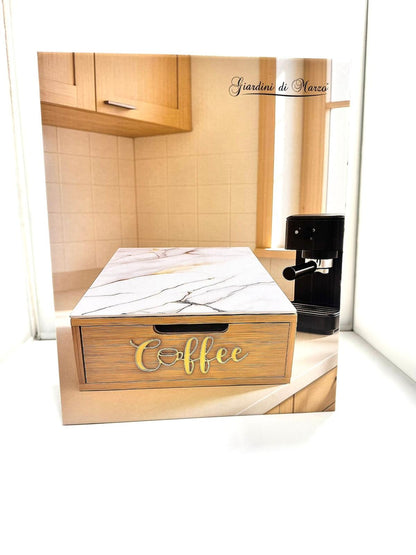 Cassetto Porta Cialde e Capsule in Legno Organizer Cucina 30x30x10 cm 3 Scomparti Piano in Vetro