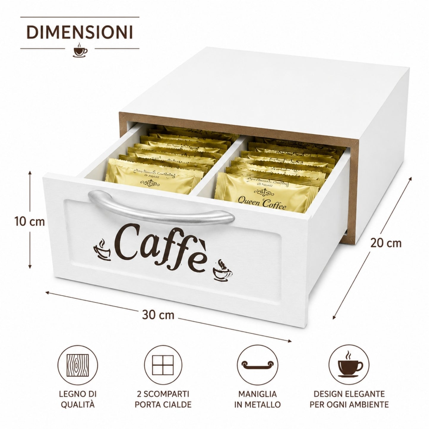 CASSETTO PORTA CIALDE O CAPSULE IN LEGNO BIANCO MISURA PICCOLA