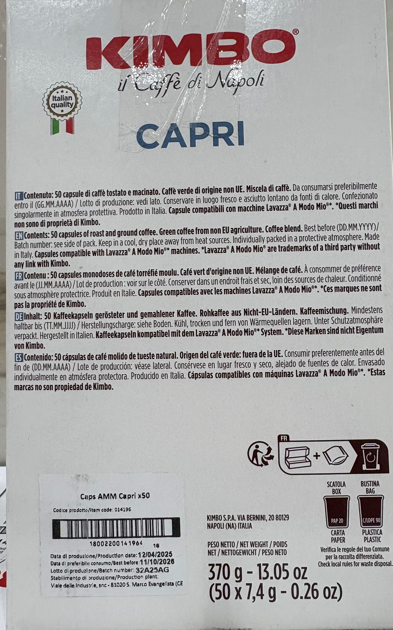 50 capsule KIMBO lavazza a modo mio CAPRI