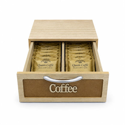 Cassetto Porta Cialde Caffè Legno Chiaro 2 Scomparti 30x20x10cm Maniglia Coffee