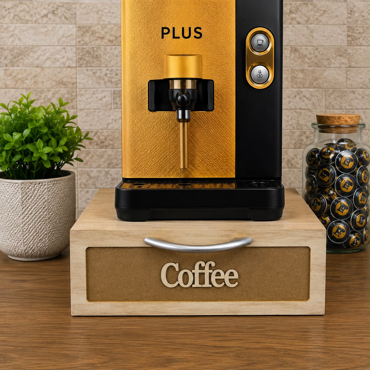 Cassetto Porta Cialde Caffè Legno Chiaro 2 Scomparti 30x20x10cm Maniglia Coffee