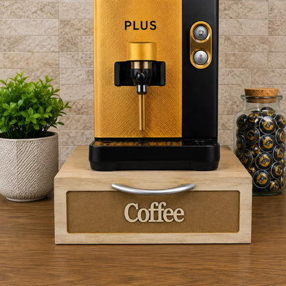 Cassetto Porta Cialde Caffè Legno Chiaro 2 Scomparti 30x20x10cm Maniglia Coffee