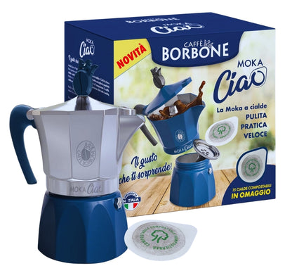 MOKA CIAO Caffettiera Induzione per Cialde Borbone Omaggio 15 Cialde MISCELA ORO + 15 MISCELA BLU + 4 Bicchieri