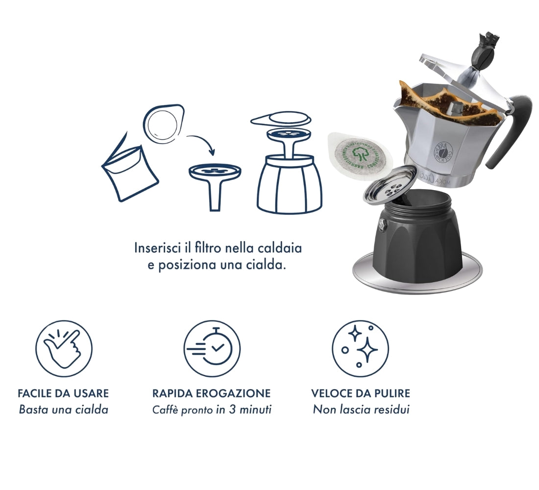 MOKA CIAO Caffettiera Induzione per Cialde Borbone Omaggio 15 Cialde MISCELA ORO + 15 MISCELA BLU + 4 Bicchieri