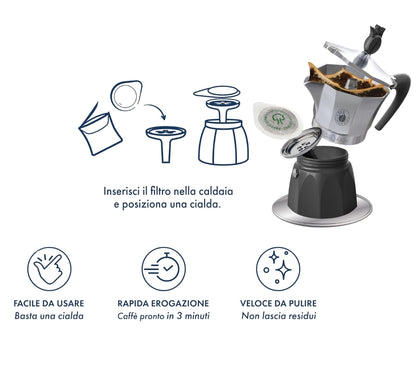 MOKA CIAO Caffettiera Induzione per Cialde Borbone Omaggio 15 Cialde MISCELA ORO + 15 MISCELA BLU + 4 Bicchieri