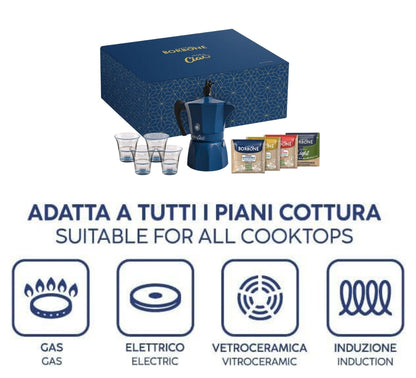 MOKA CIAO Caffettiera Induzione per Cialde Borbone Omaggio 15 Cialde MISCELA ORO + 15 MISCELA BLU + 4 Bicchieri