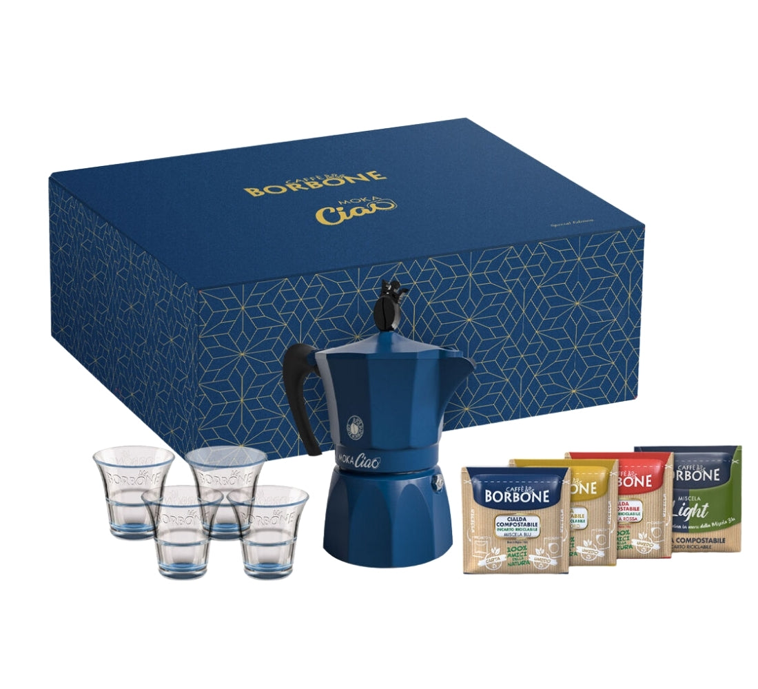 MOKA CIAO Caffettiera Induzione per Cialde Borbone Omaggio 15 Cialde MISCELA ORO + 15 MISCELA BLU + 4 Bicchieri